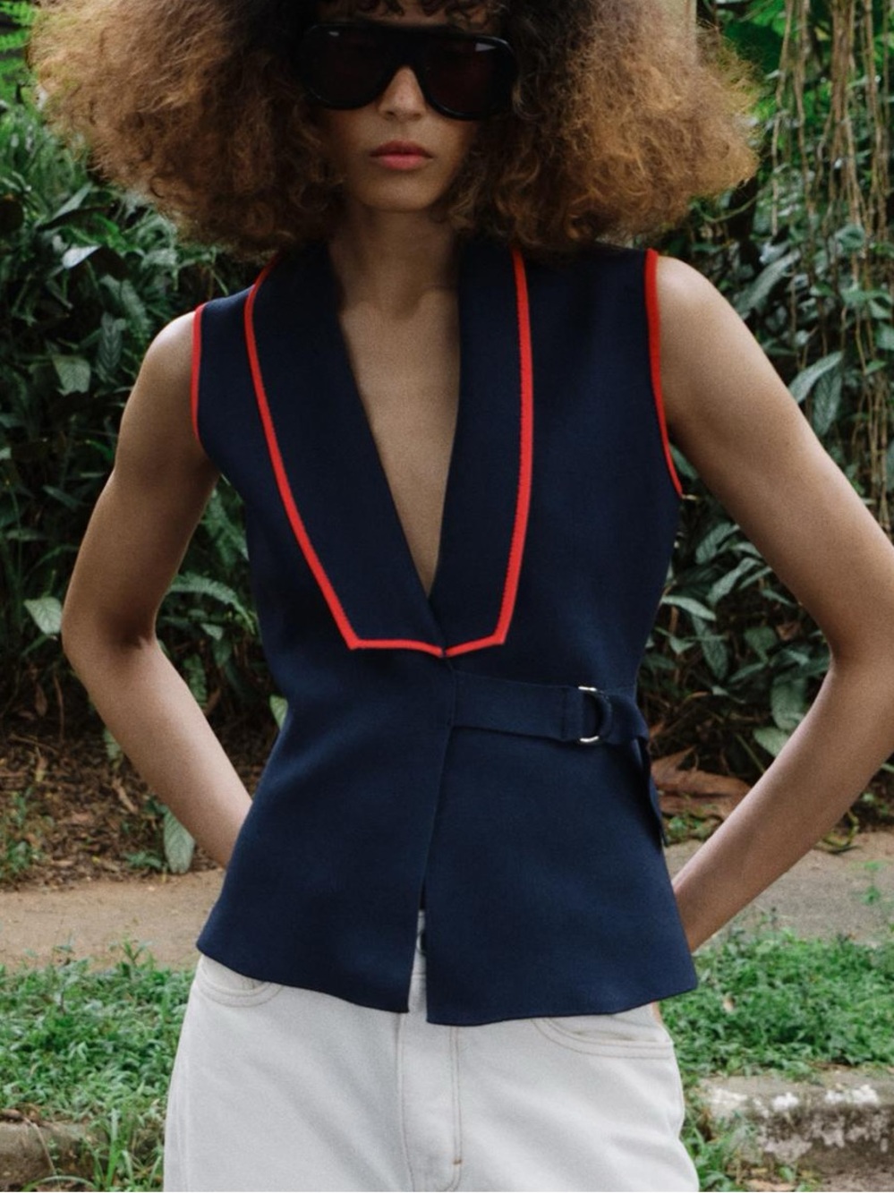 Zara Buckle Double Breasted Navy Vest with Red Trim NWT